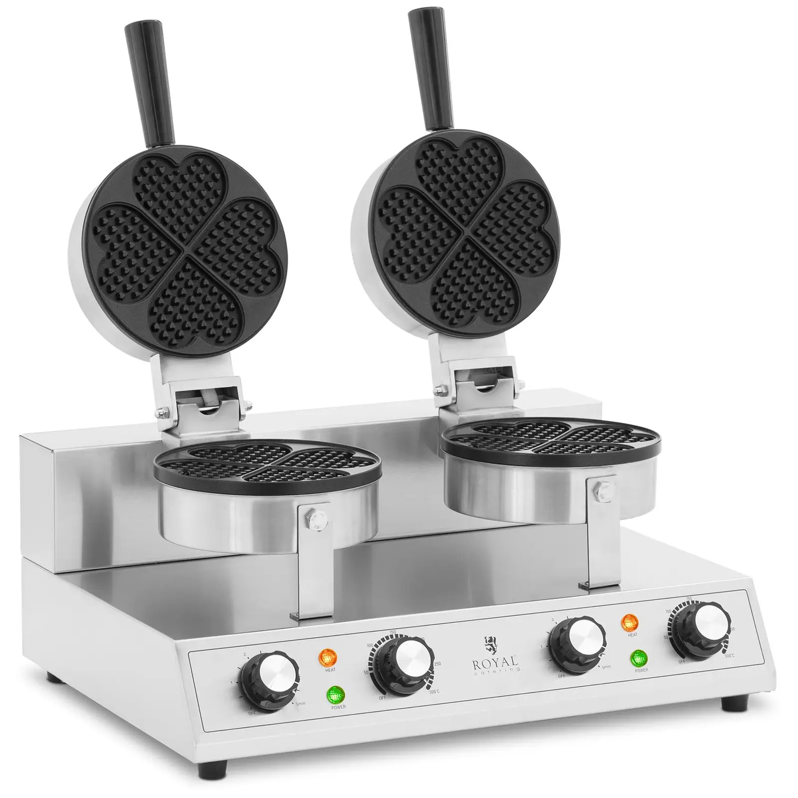 Máquina de waffles dupla - forma de coração - 2 x 1000 W - temporizador - espessura das waffles 10 mm - Royal Catering