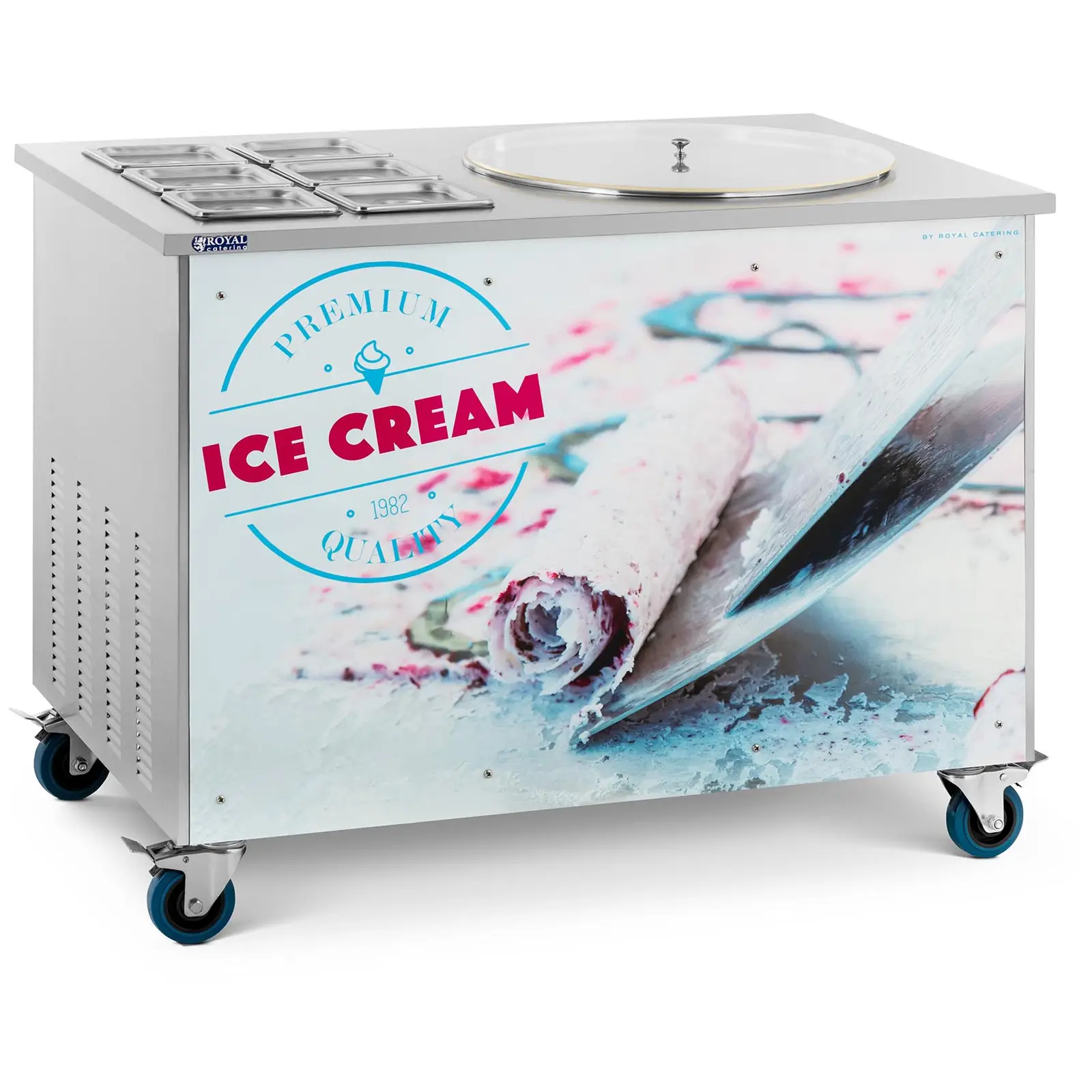 Máquina de gelado enrolado - para gelados tailandeses - Ø50 x 2,5 cm - 6 recipientes com tampas - Royal Catering