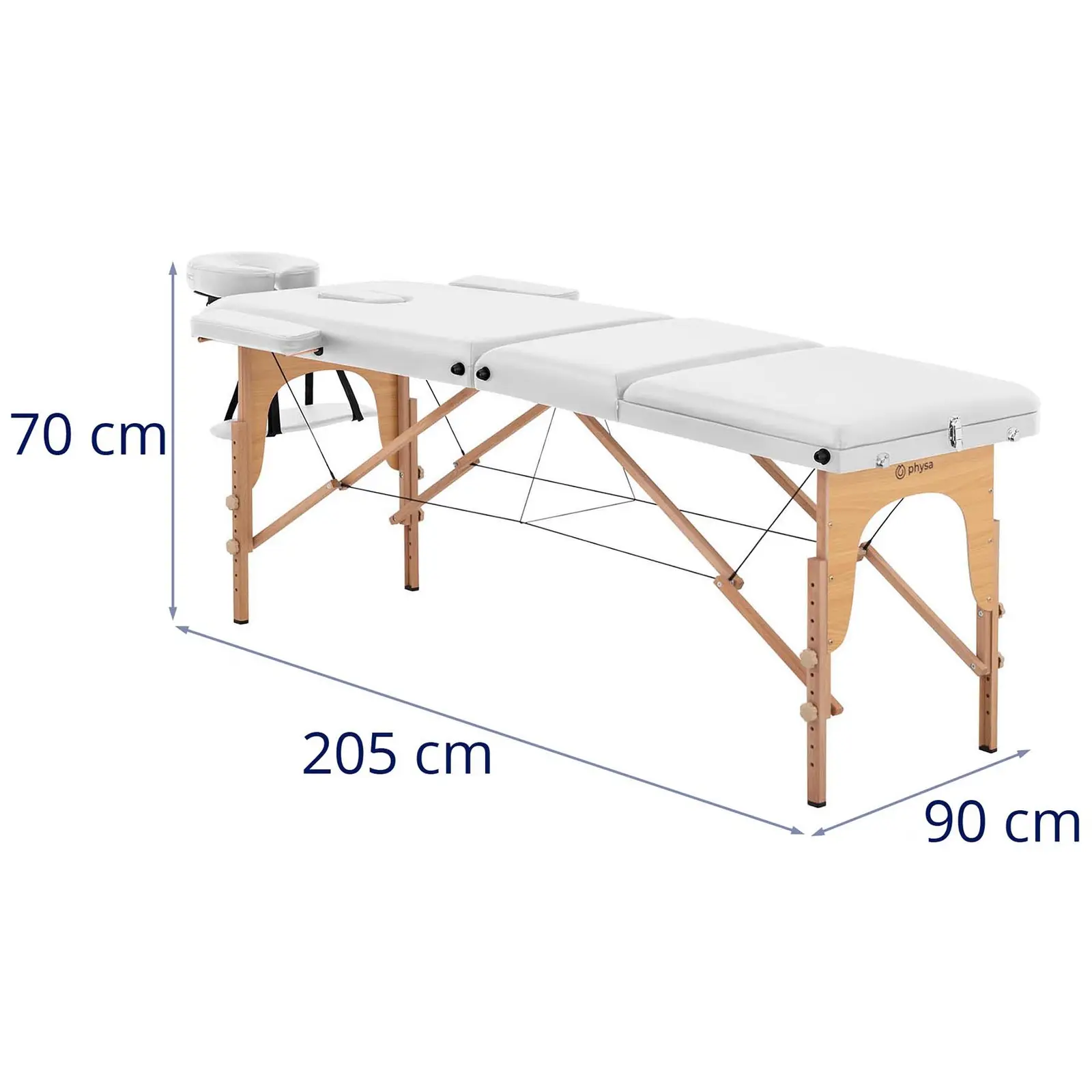 Cama de massagem dobrável - extra larga (70 cm) - apoio de pés articulado - madeira de faia - branco