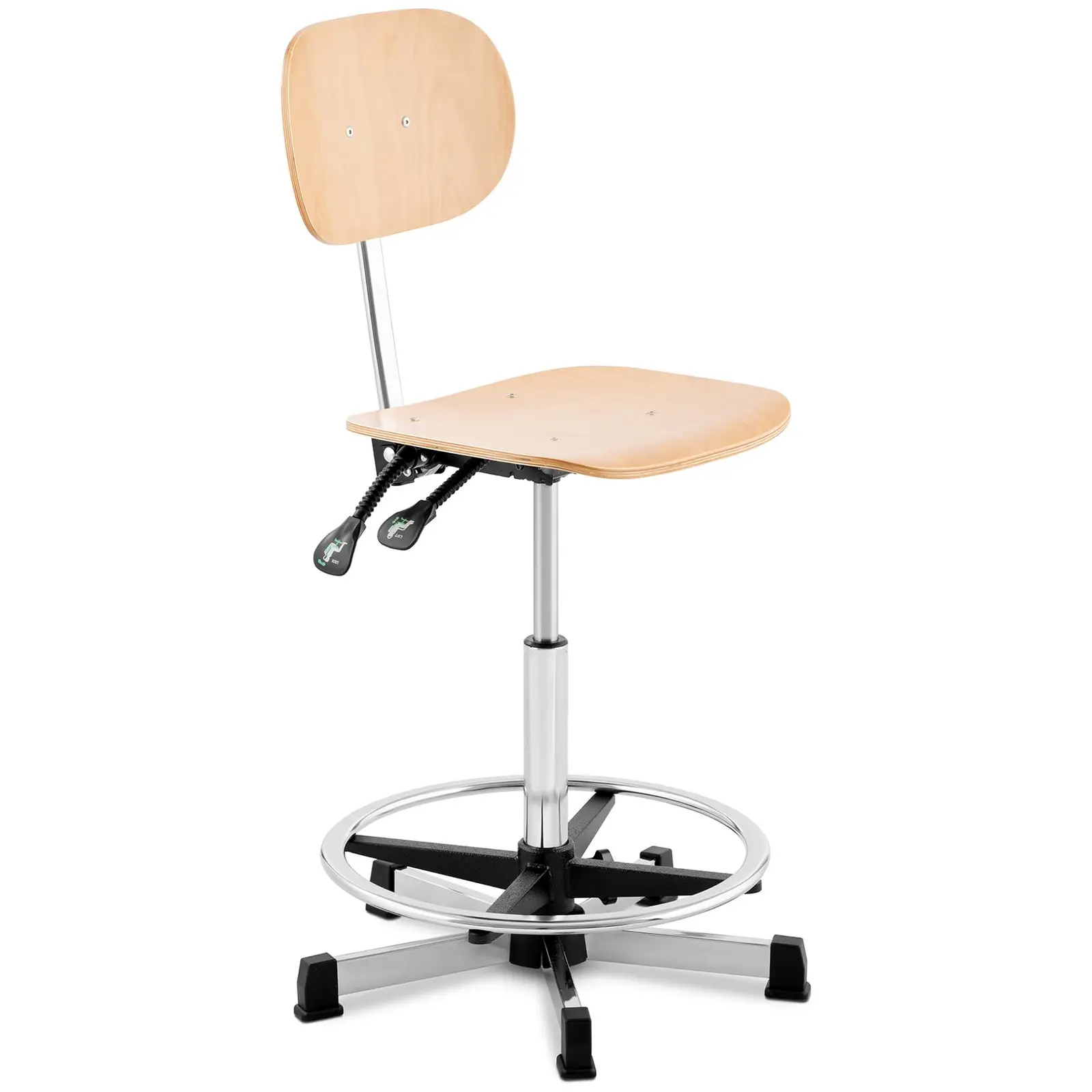 Cadeira de trabalho - 120 kg - madeira, elementos cromados - apoio para os pés - altura 550 - 800 mm
