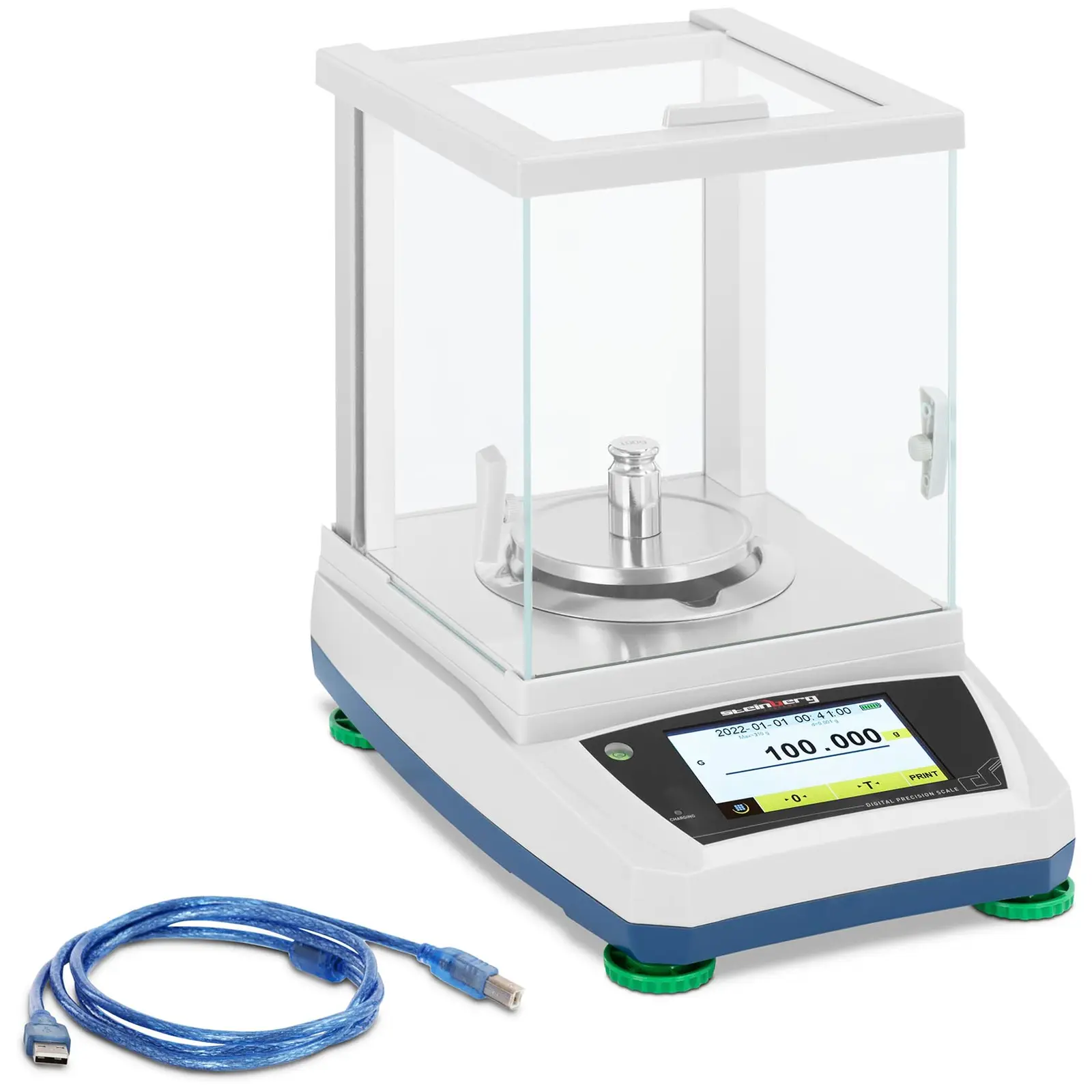 Balança de laboratório - 300 g / 0,001 g - Ø98 mm - painel táctil LCD - bateria recarregável - cobertura de vidro contra fatores externos