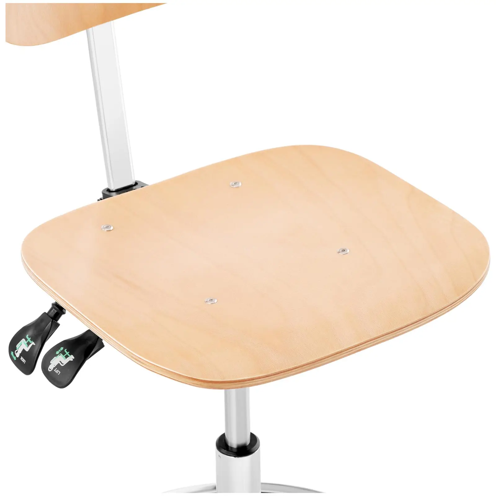 Cadeira de oficina - 120 kg - madeira, elementos cromados - apoio para os pés - altura 550 - 800 mm